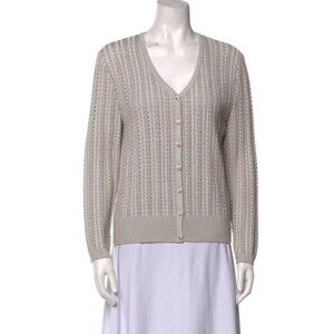 St John Sport Marie Gray Tan Gold Starfish Button Up Cardigan Wool Blend Sz L